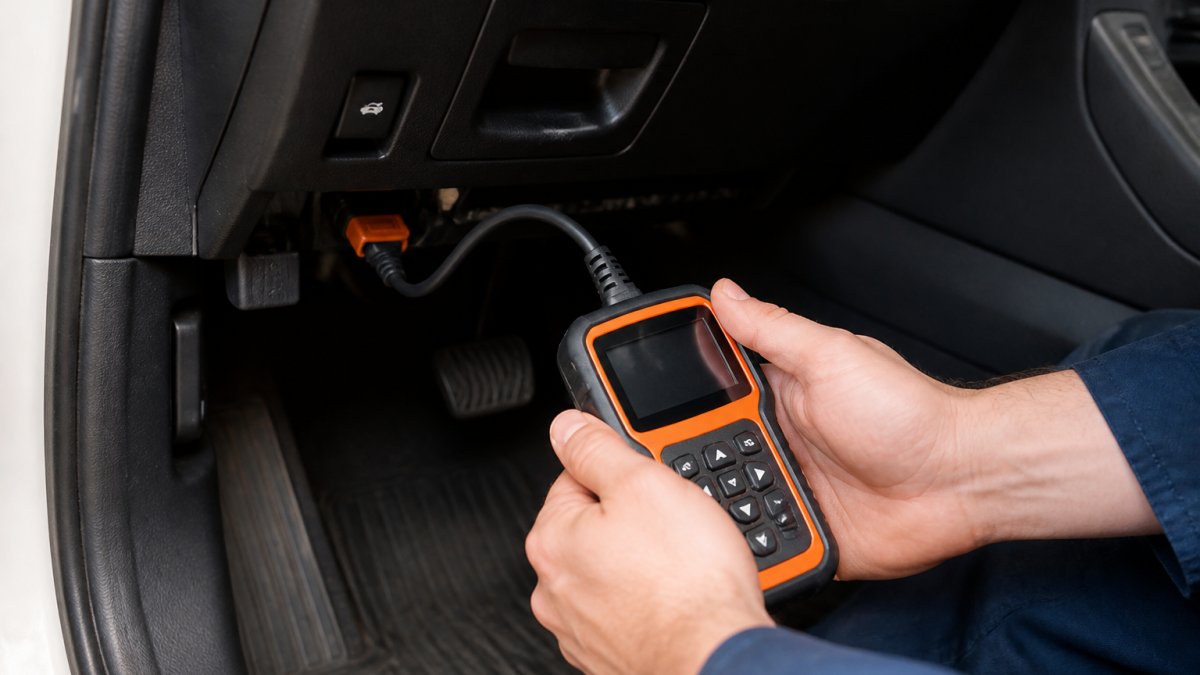 Professional technician's hands holding an OBD-II diagnostic scanner connected to vehicle's diagnostic port under dashboard, with scanner display showing diagnostic trouble code