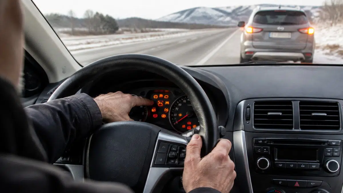 Driver checking dashboard warning lights after their car shudders when accelerating on a Colorado road shoulder.