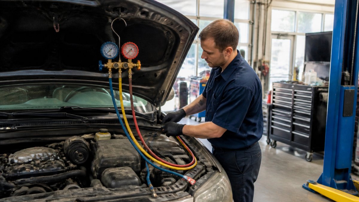 Technician using manifold gauges to diagnose car A/C compressor replacement symptoms in a repair shop