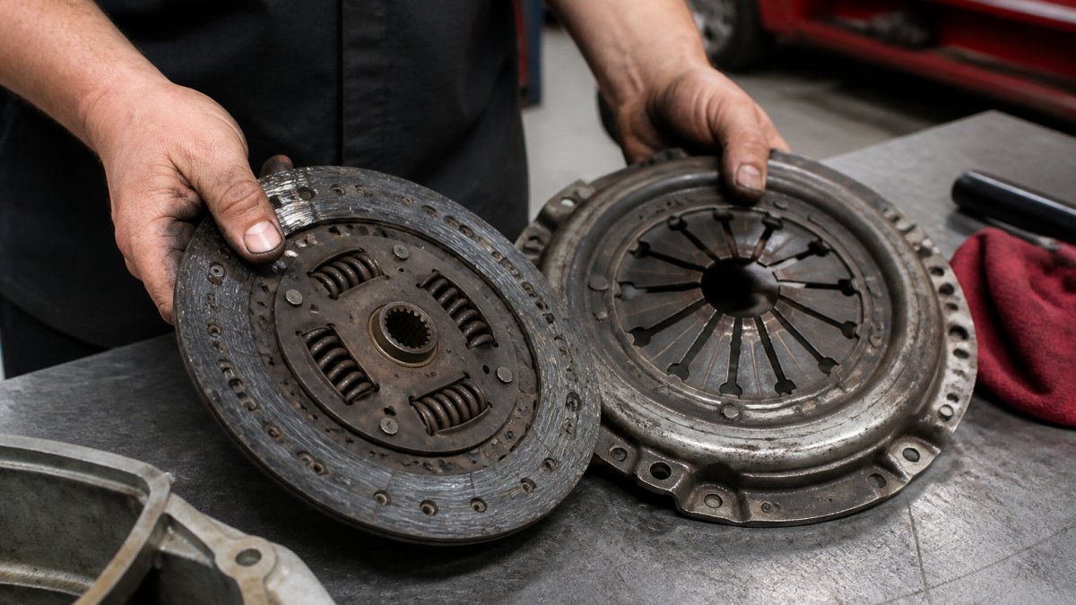 Professional mechanic's hands inspecting worn clutch disc and pressure plate assembly on workbench, showing visible wear patterns and friction material damage under bright shop lighting