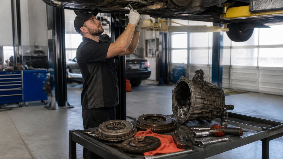 Professional mechanic performing a clutch replacement on a vehicle raised in an auto shop bay