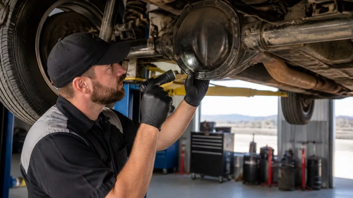 Certified technician inspecting a rear axle assembly during a differential repair in a Colorado auto shop