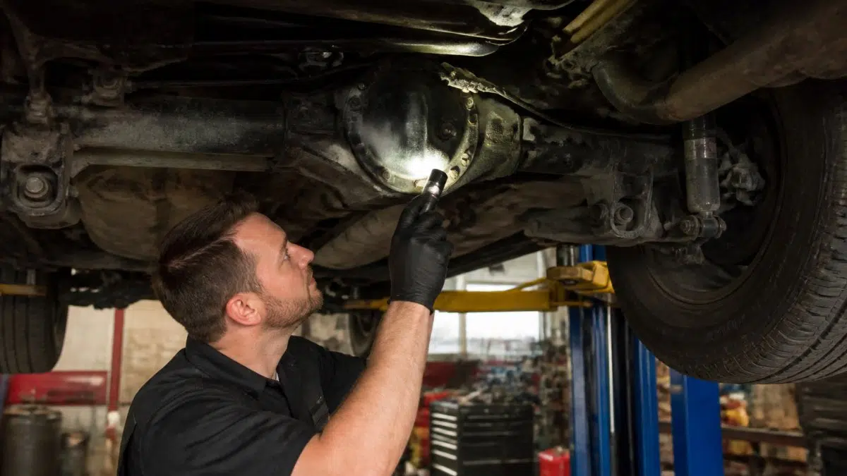 Mechanic inspecting an SUV rear differential in a Parker auto shop to assess potential differential repair cost.