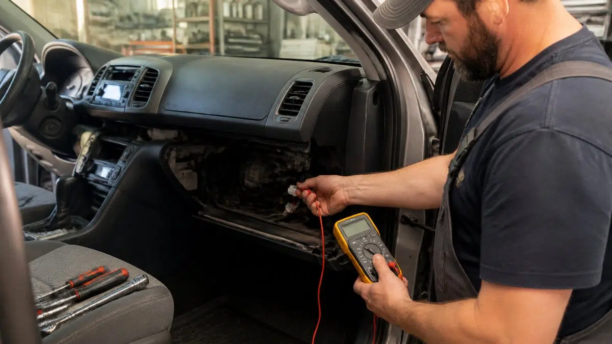 Mechanic using a digital multimeter to test a car blower motor wiring connector under the dashboard