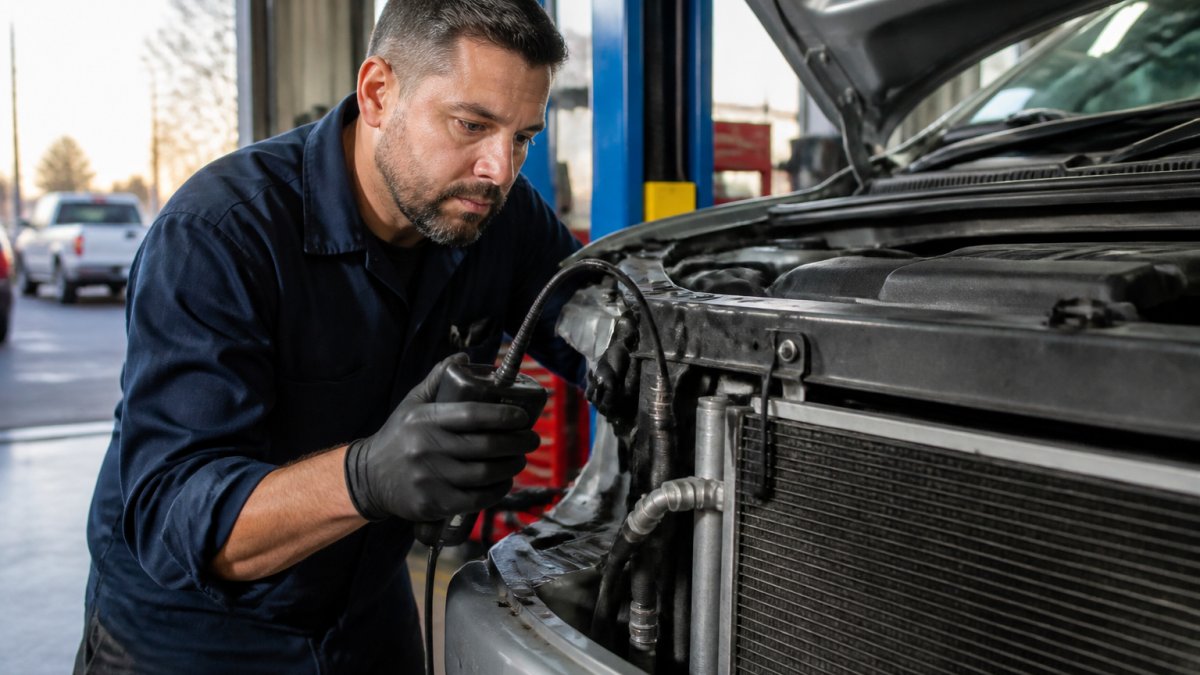 A technician in a clean auto shop using an electronic leak detector near the A/C lines and condenser of a car with the hood open, focused expression, natural shop lighting