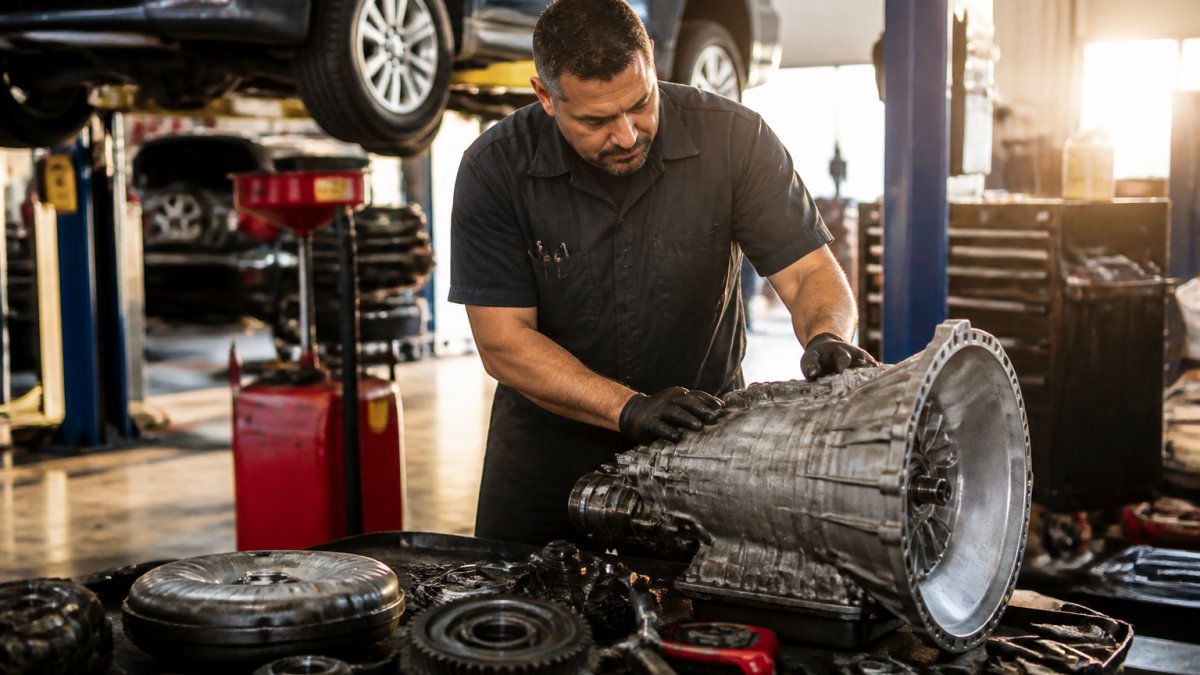 Professional technician working on transmission system in well-lit shop bay with diagnostic equipment and tools visible in background