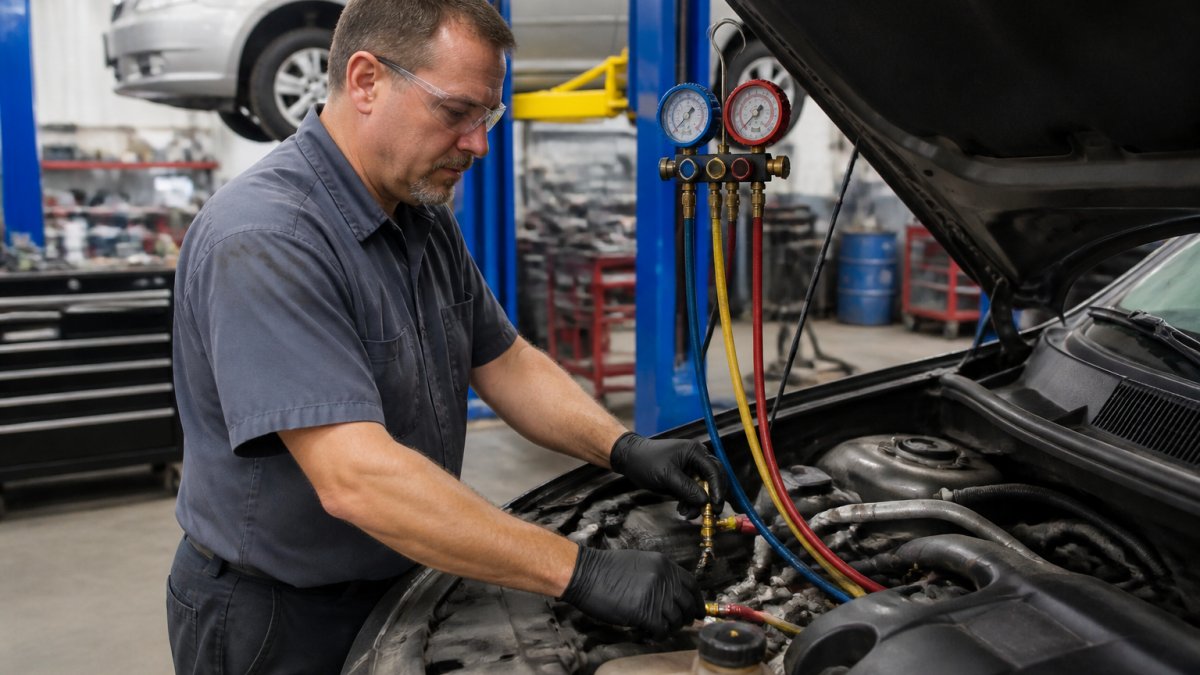 An ASE-certified technician in a clean repair bay connecting manifold gauge hoses to a car's A/C service ports under the hood, with the vehicle raised on a lift in the background